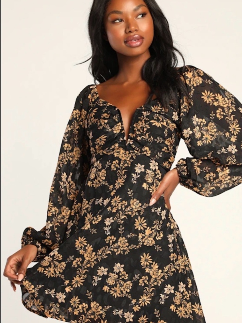 Lulus Black and Gold Floral Fit-and-Flare Dress